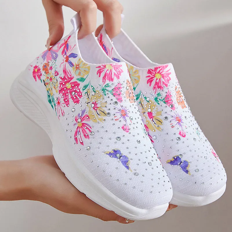 Floral pattern rhinestone decor knitted sneakers  summer mesh slip-on shoes